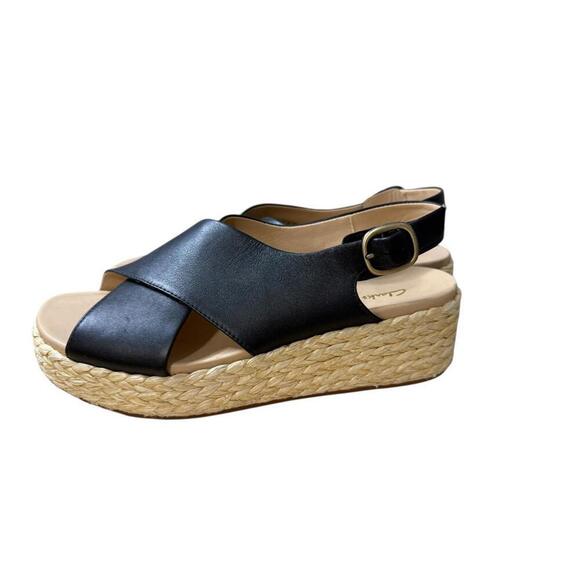 Clarks Shoes - Clarks Kimmei Espadrilles Wedge Sandal Size 10 Black Leather Cross Wide Strap